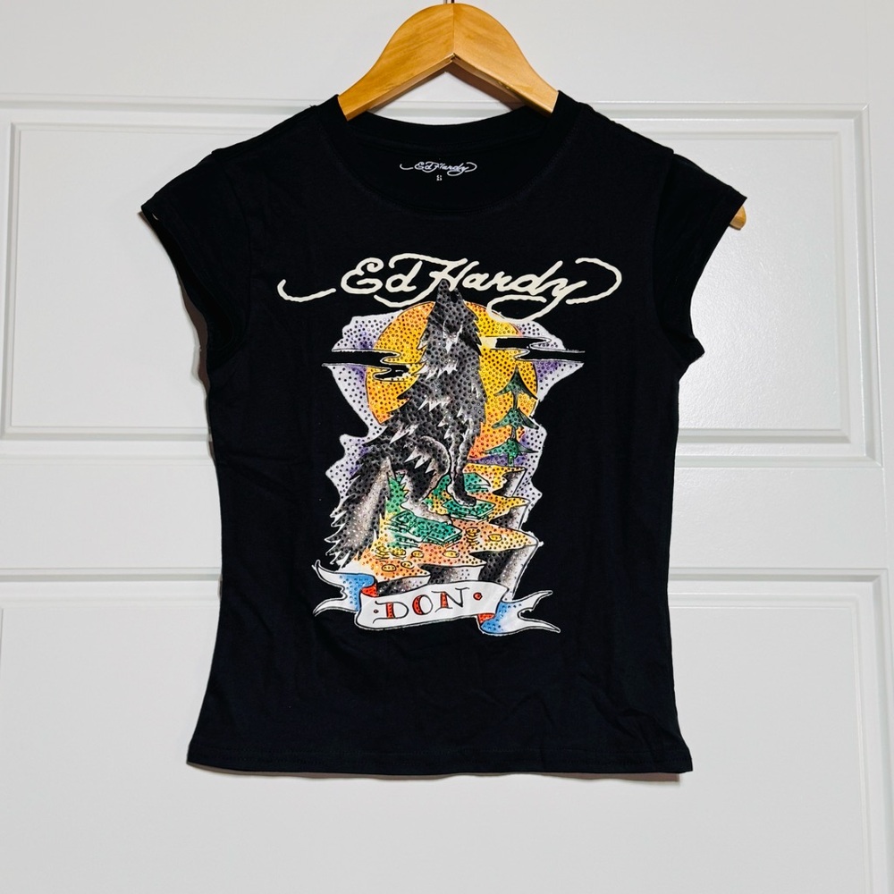 NWTEd Hardy Black Wolf Rhinestone Women’s Graphic size S